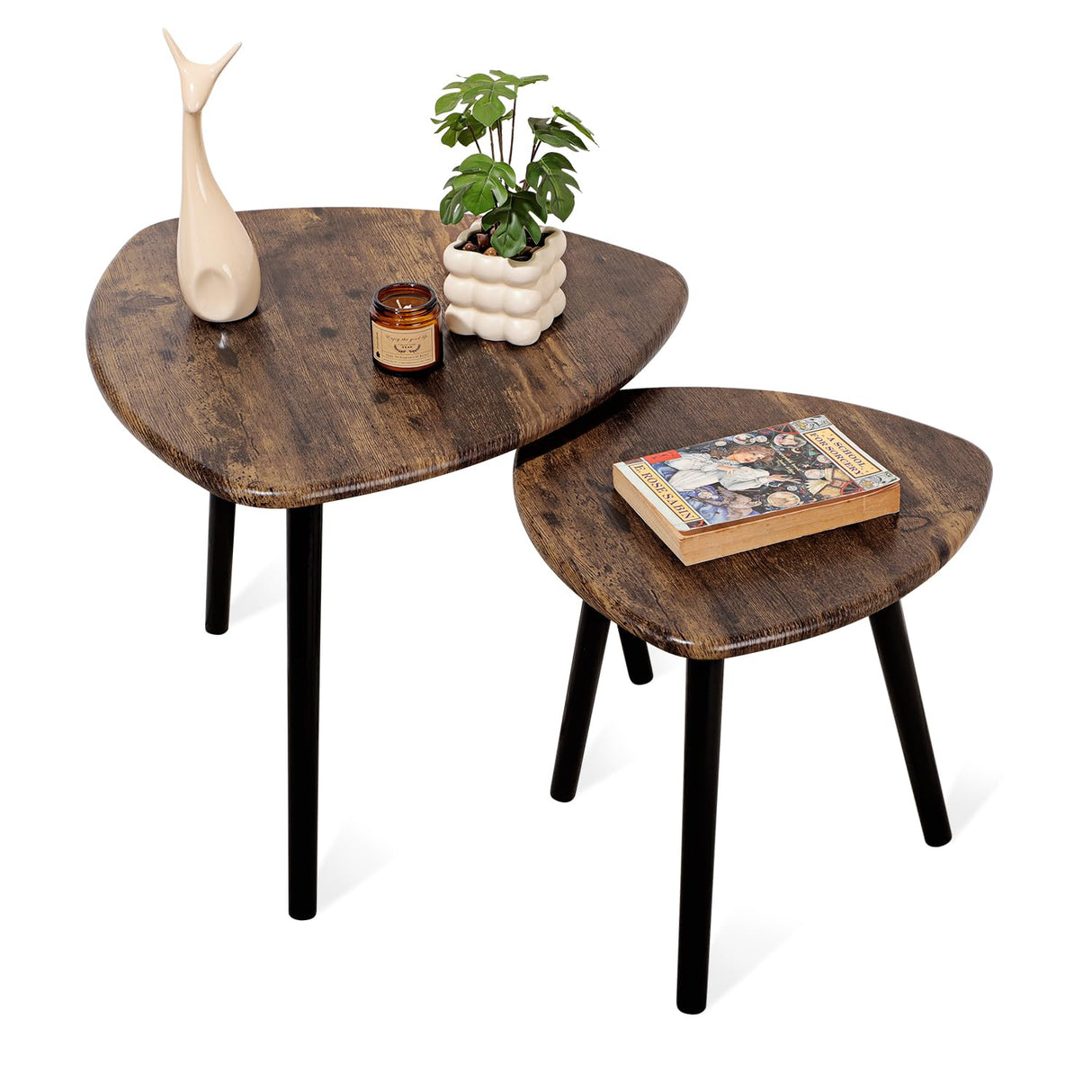 Nesting Coffee Table Set of 2 Triangular End Side Tables Modern Industrial Simple Nightstand Center Table for Living Room Bedroom Apartment, Retro Brown FEUFOAM