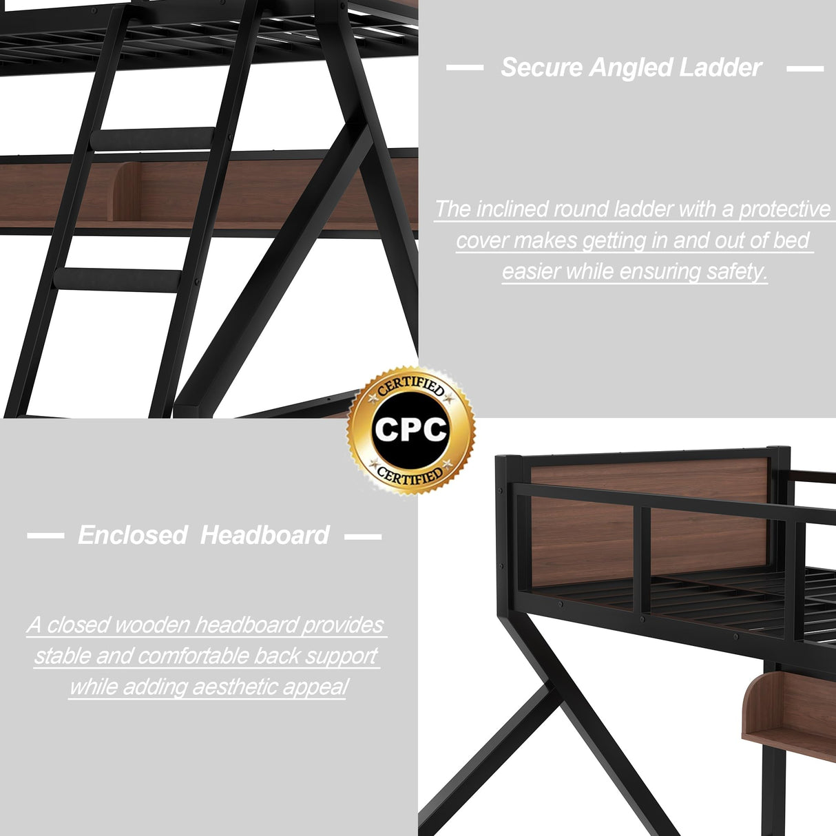 Twin Over Full Size Bunk Bed with Storage Shelves and LED Lights,Heavy Duty Adult Bunk Beds with Angled Ladder,Metal Bunk Bed Twin Over Full,Black Bellemave