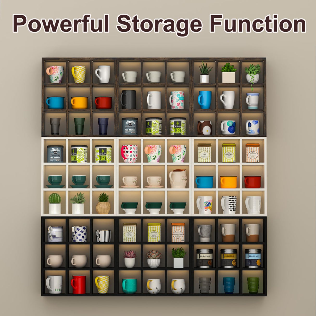 Helsin 9 Grid Vintage Coffee Mug Display Rack, 16inch Wall Mounted Wooden Curio Shadow Box Shelf, Cup Floating Shelves Display and Organizer (Black) Helsin