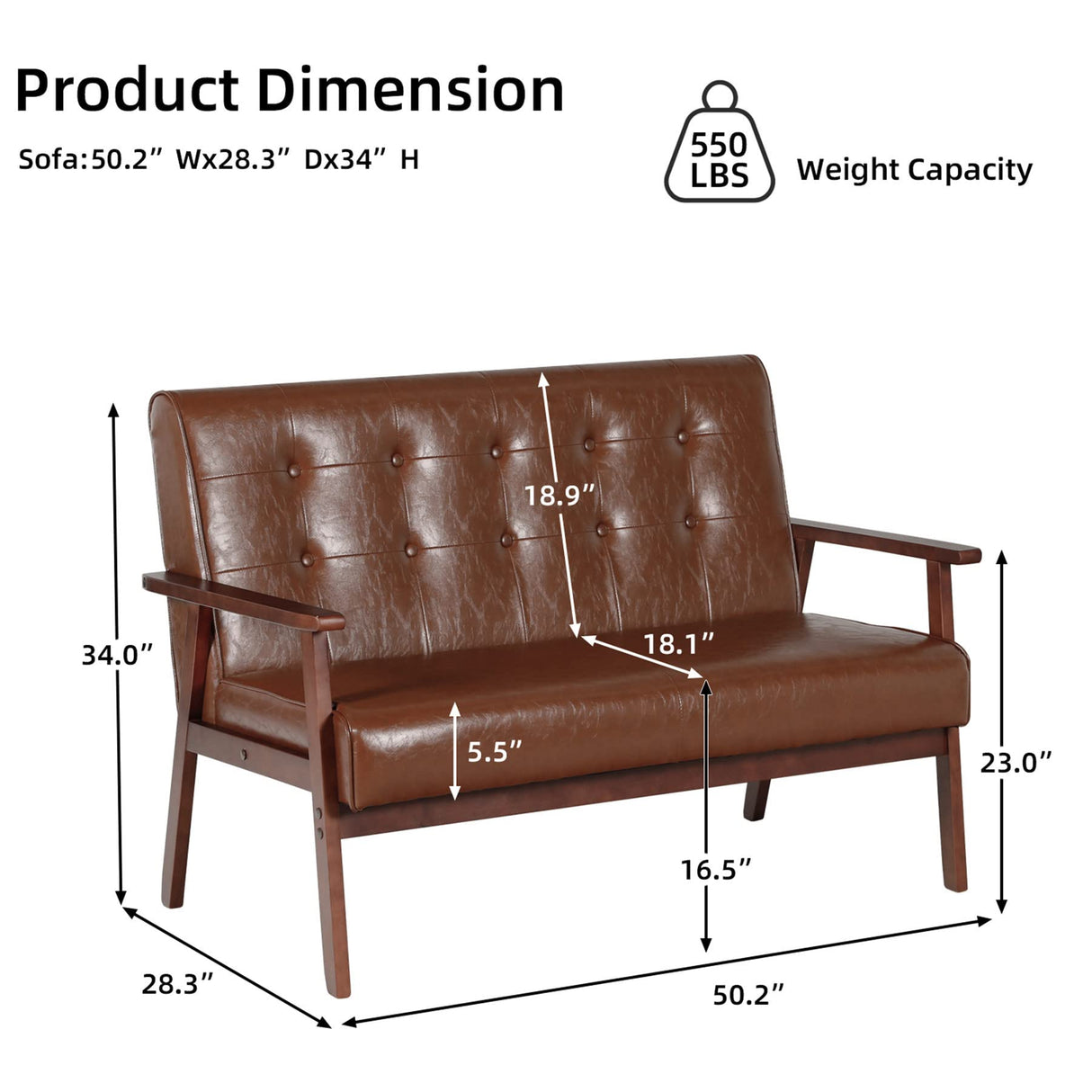 JIASTING Mid Century Modern Loveseat Sofa with Wooden Arms Leather Office Couch 2-Seat Wood Love Seat Lounge Armchair Living Room Bedroom, Waiting Room Sofa, 50”W (Leather, Brown Loveseat N) JIASTING
