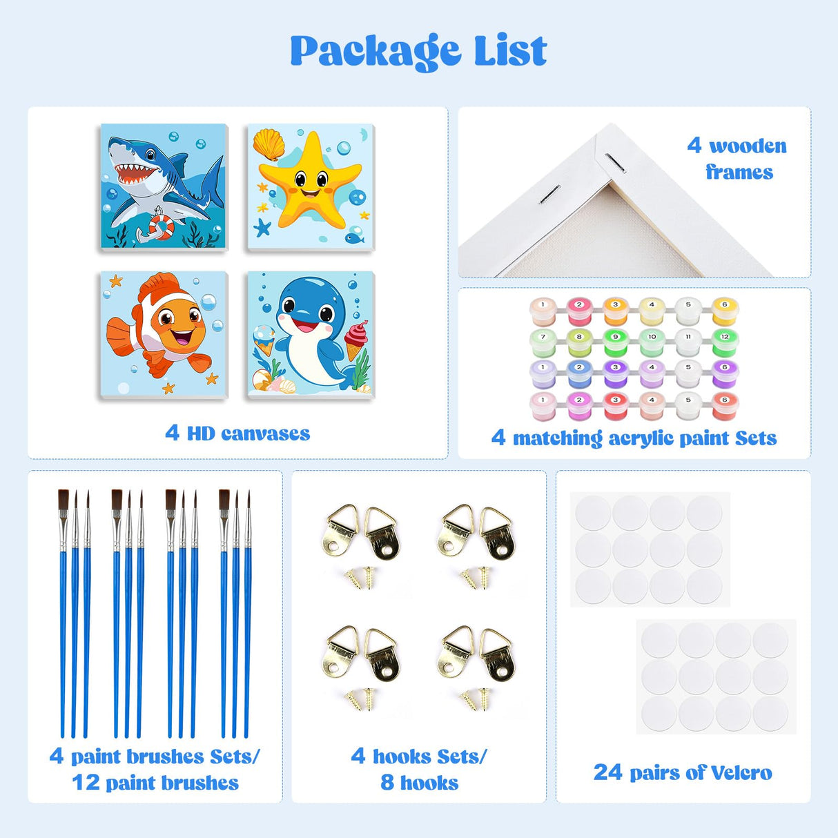 MXJSUA 4 Pack Cute Animals Paint by Numbers Kit with Framed Canvas for Ages 6-12 Kids, Shark Paint by Numbers Kits for Children Beginners, Acrylic Oil Painting for Home Wall Decor Gift (8x8 inch) MXJSUA