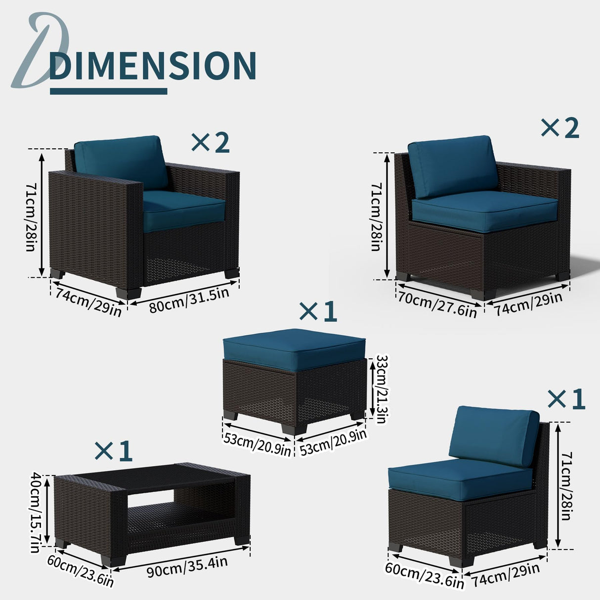 YLGJ&TIDY 7-Piece Outdoor Sectional Patio Furniture Set, All-Weather Wicker Rattan Sofa w/Thick Washable Cushions & Tempered Glass Table, Perfect for Garden, Poolside, Backyard (Darkbrown&Lake Blue) YLGJ&TIDY