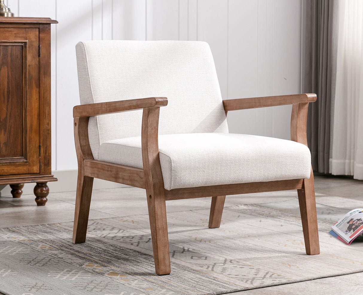 VESCASA 23.2" W Accent Chair with Arms, Comfy Farmhouse Side Chair with Upholstered Seat, Mid Century Modern Reading Chair with White Wash Wood Legs for Living Room/Bedroom, White Linen VESCASA