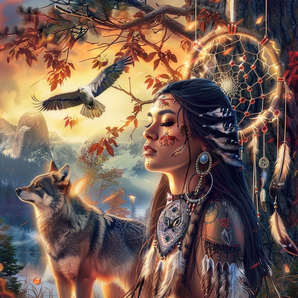 Generic American Native Indian Girl and Wolf DIY 5D Diamond Paint Kits for Adults Round Full Drill Diamond Art Easy for Beginner Gems Cross Stitch Mosaic Craft for Home Decor 14x14inch WoodArtSupply
