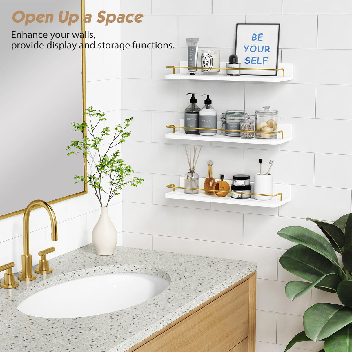 Forbena Gold Floating Shelves for Wall Decor Set of 3, Bathroom Shelves Over Toilet, Modern Display Wall Shelf with Guard Rail for Living Room Bedroom Organizers and Storage - White and Gold Forbena