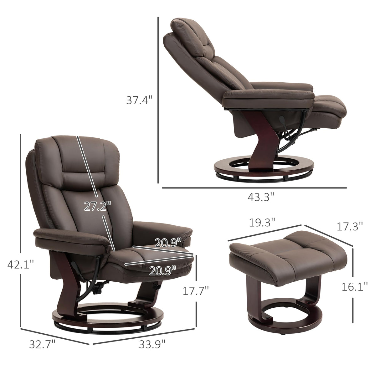 HOMCOM Recliner Chair with Ottoman, PU Leather Swivel Recliner with Comfy Footrest, Upholstered Adjustable Living Room Chair and Ottoman Set, Dark Brown HOMCOM
