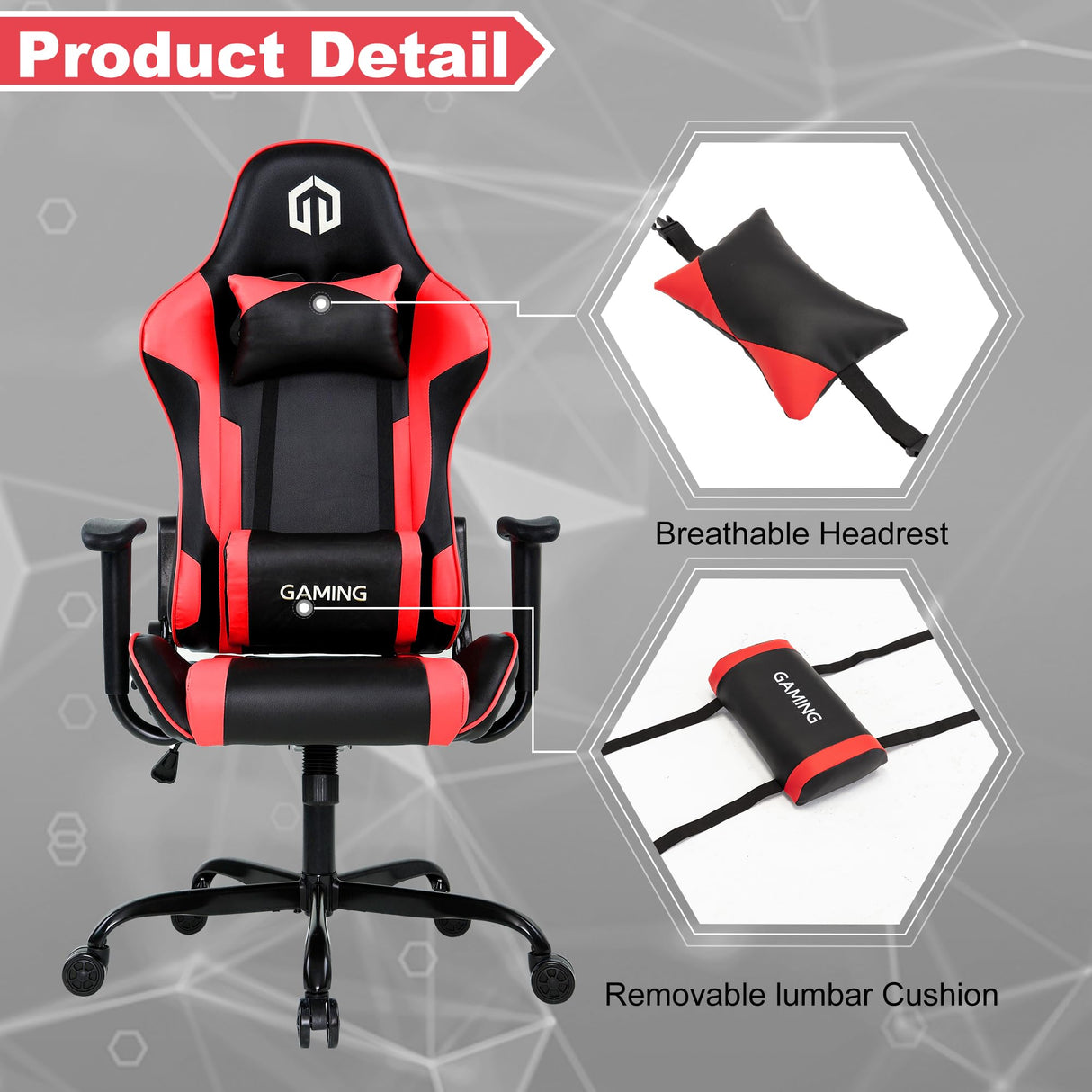 GOTMINSI Computer Gaming Chair with Headrest and Lumbar Cushion, Ergonomic Gaming Chair Office Chair 290lbs for Adults, Video Game Chairs Racing Chair High Back Leather Adjustable, (BK/Red) GOTMINSI