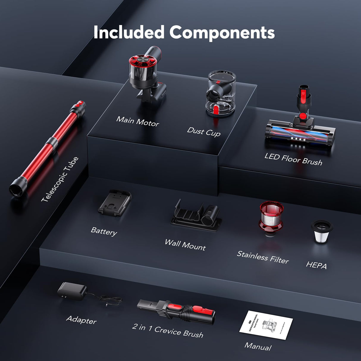 Cordless Vacuum Cleaner, Rechargeable Stick Vacuum has 2 Adjustable Suction, 80,000PRM Powerful Motor, and 500ML Dust Cup, Wireless Vacuums for Home (Fig Red) Comvtu