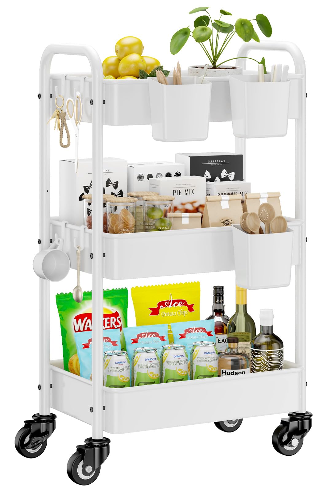 YASONIC Metal 3 Tier Rolling Cart - Heavy Duty Utility Cart with Lockable Wheels, Hanging Cups, Hooks, Mesh Rolling Storage Cart Craft Cart Organizer, Lightweight and Sturdy, White YASONIC