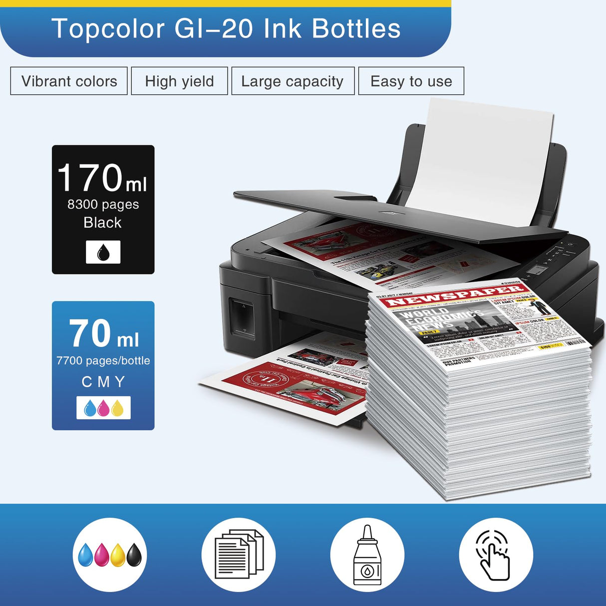 Topcolor Compatible Dye Ink Replacement for Canon GI-20 GI20 Ink Bottles Refills Kit for Canon G6020 G7020 G5020 MegaTank Printers, 170mL Black Ink Refill, 70mL Cyan Magenta Yellow, 4 Packs Topcolor