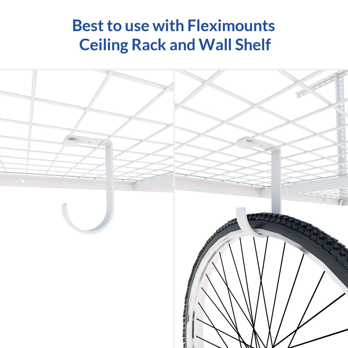 FLEXIMOUNTS 4 Pack Add On Storage Flat Hook Accessory for Garage Ceiling Rack and Wall Shelving, Max Weight Capacity up to 50lbs, White FLEXIMOUNTS