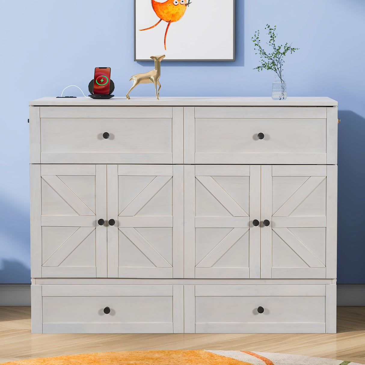 Ball & Cast Full Size Murphy Bed Wall Bed with Large Storage Drawers & USB Ports,can be Folded,Versatile Hideaway Cabinet Bed Frame Chest W/Slat Support,for Apartment,Bedroom,Brushed White Ball & Cast