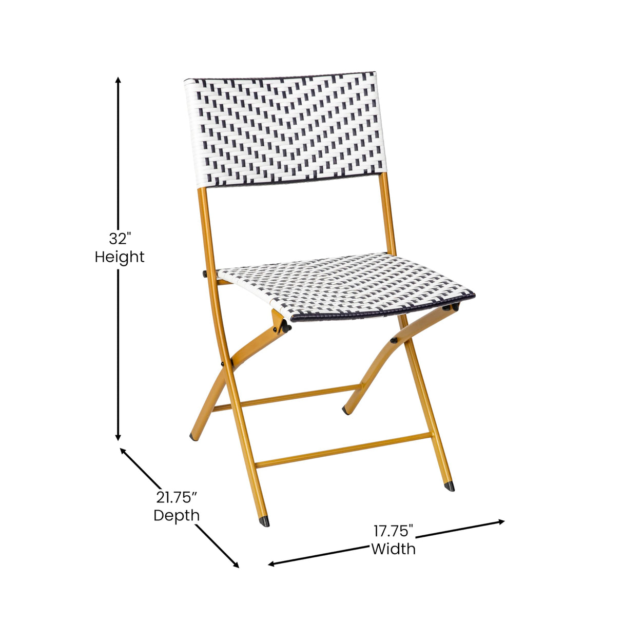 EMMA + OLIVER Ciel Three Piece Folding Bistro Set - Navy and White PE Rattan - Natural Finish Metal Frames - Indoor/Outdoor Use EMMA + OLIVER
