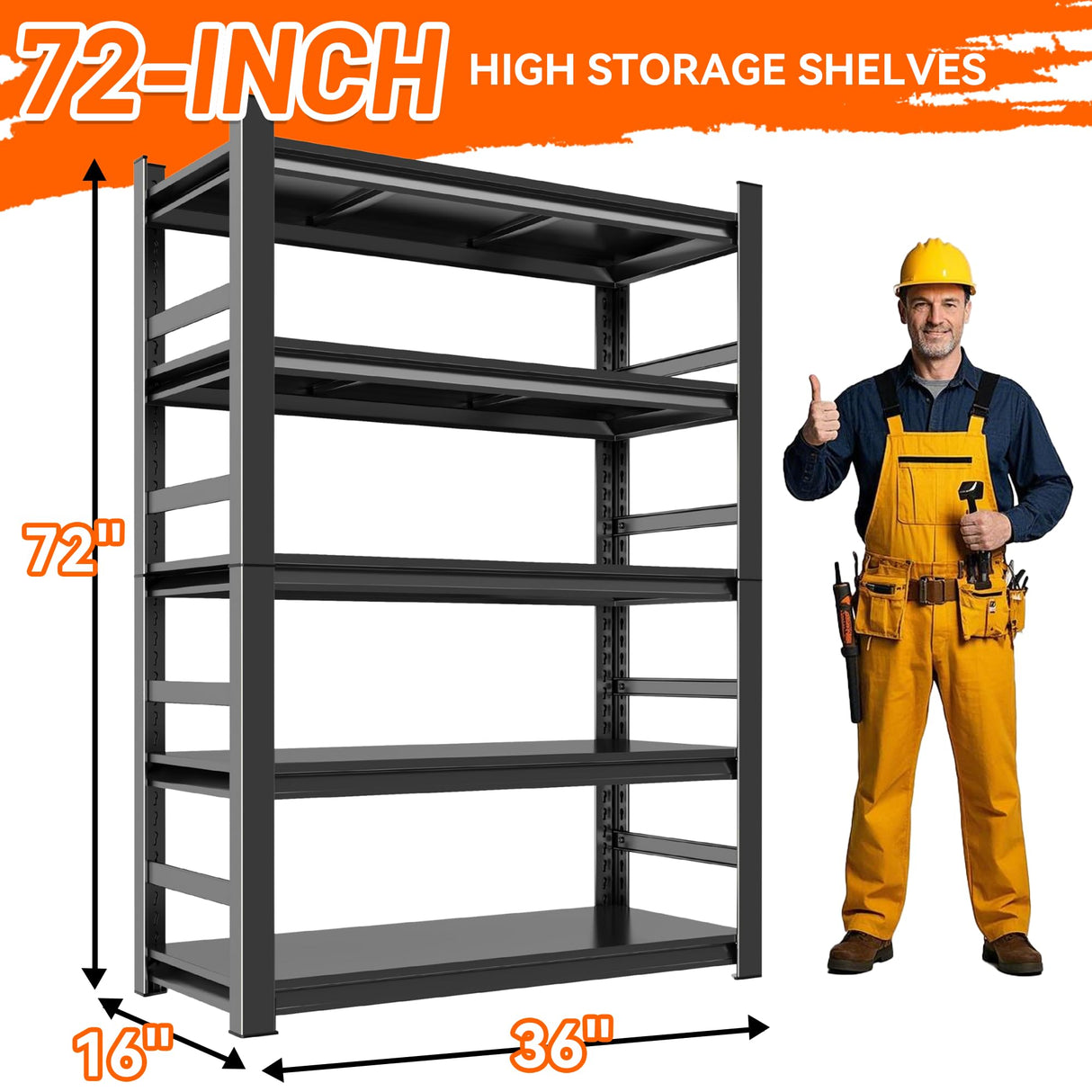 Notmise Garage Shelving Unit, Heavy Duty Metal Shelves, 5-Tier Adjustable Storage Shelf, Industrial Shelving Unit, 3000Lbs, for Warehouse, Basement, and Garage, with Fence 72" H x 15.7" D x 35.4" W Notmise