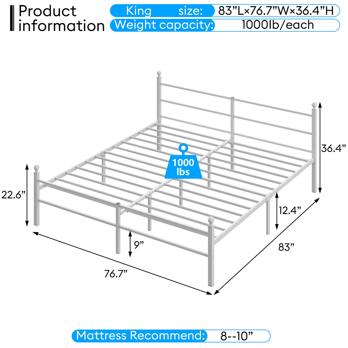 King Size Bed Frame with Headboard - Metal Platform Bed with LED Lights, Charging Station, Under Bed Storage and Heavy Duty Steel Slats Support - No Box Spring Needed, Easy Assembly, White BedNZZZ