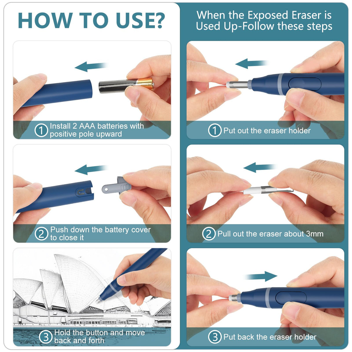 Foyucool Electric Eraser, Battery Operated Automatic Pencil Eraser with 220 Erasers Refills, 2 Erasers Sizes, Comfort Grip Art-Eraser for Drawing, Ideal for Artists, Students, Sketch, Engineers, Blue Foyucool