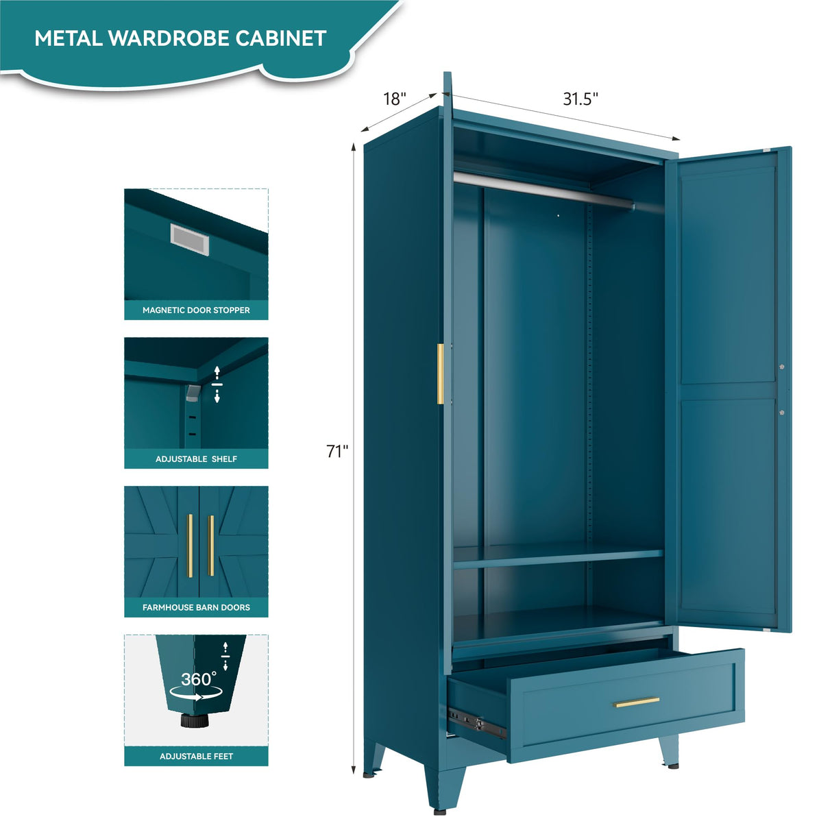 Blue Metal Wardrobe Cabinet for Bedroom, 71" Tall Freestanding Closet System with Drawer and Shelf, Hanging Rod Clothing Organizer with Two Doors, Farmhouse Steel Wardrobe Bedroom Armoires Bevivog