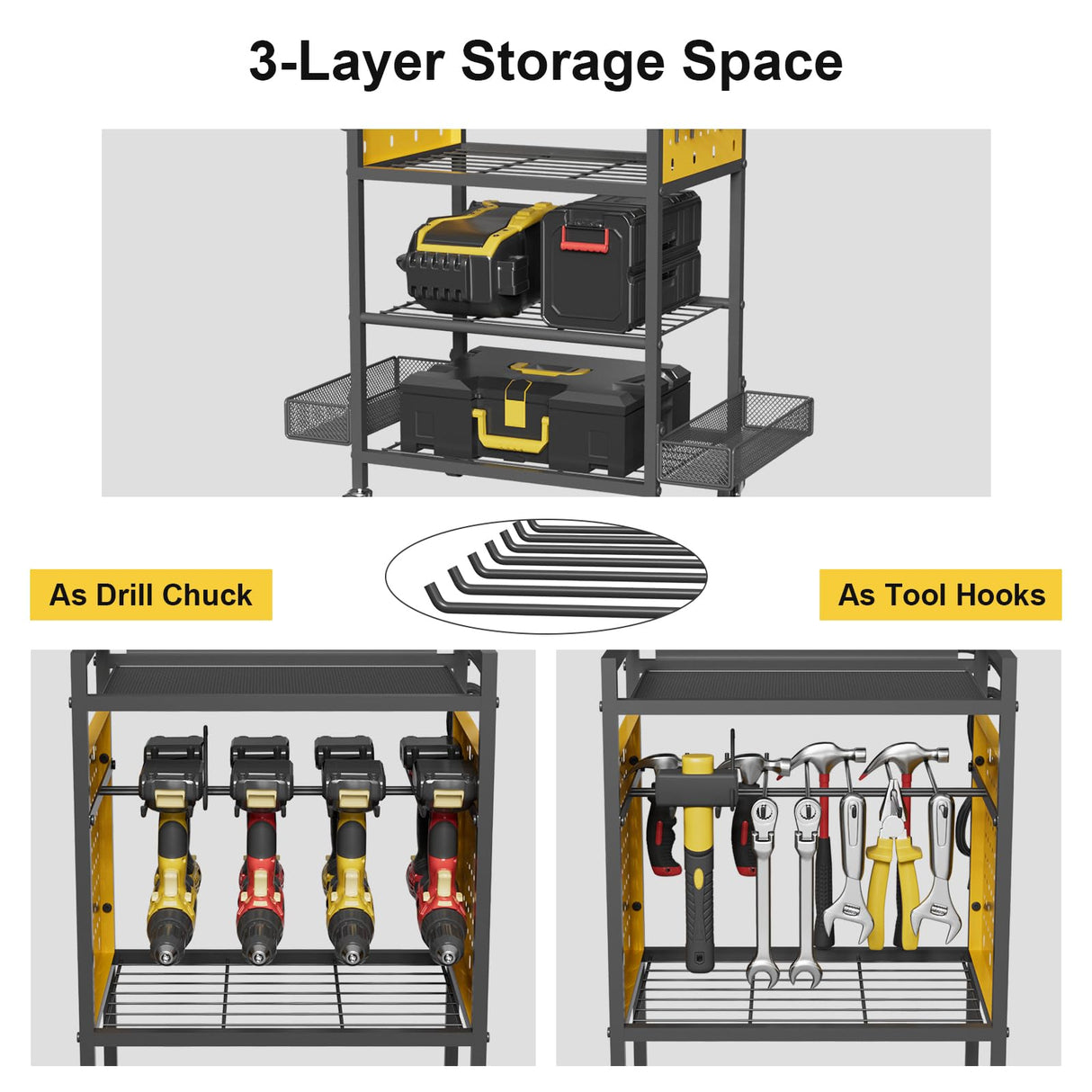 Power Tool Organizer Cart with Charging Station, Heavy Duty Garage Tool Organizer Rolling Tool Battery Storage with 8-Outlet Power Strip, 4 Wheels, 2 Hanging Baskets, 8 Hooks, Drill Bit Holder, Yellow NEYCIL