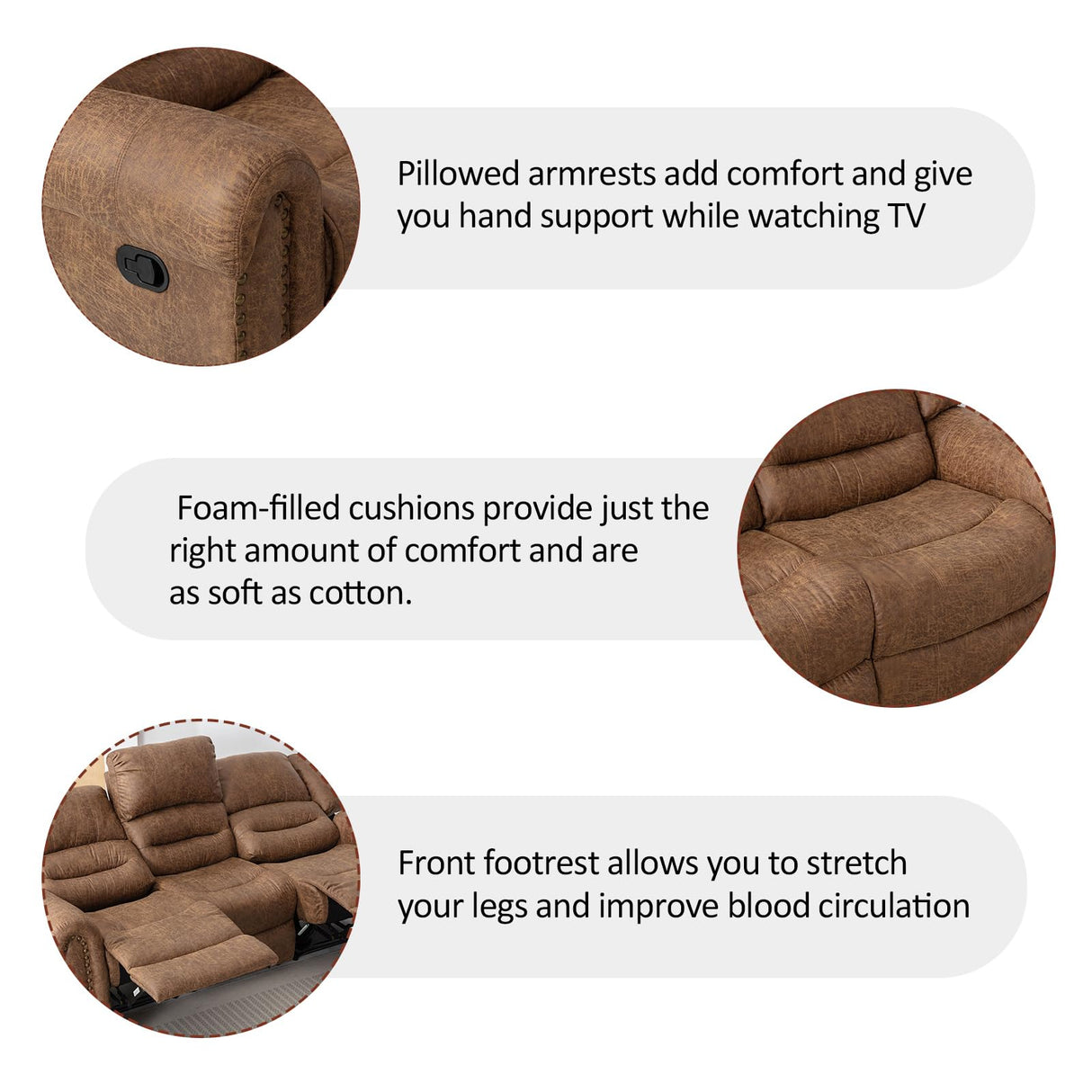 CANMOV Faux Leather Manual Recliner Sofa Set, Manual Recliner Chair, Reclining Loveseat and 3-Seat Sofa for Living Room,Bedroom Furniture, Office,Nut Brown CANMOV