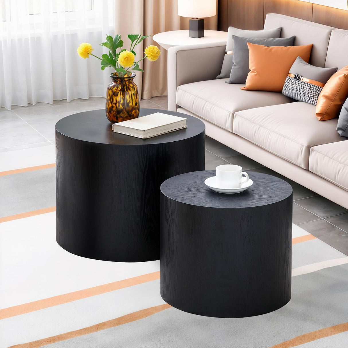 Nesting Coffee Table Set of 2, Modern Round Coffee Table with Non-Slip Feet, Wooden Circle Side Table and Accent Furniture for Bedroom Balcony Lounge Home Office, No Assembling, Black ivoros