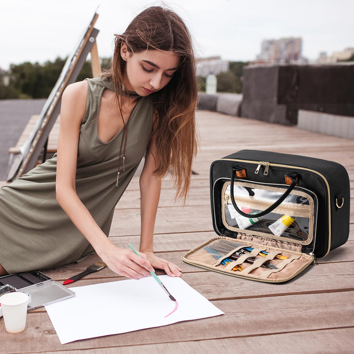 Mecozone Acrylic Paint Organizers Fits up to 54 Bottles 2 oz, Acrylic Paint Carry Case with Shoulder Strap for Art Supply Storage, Black Mecozone