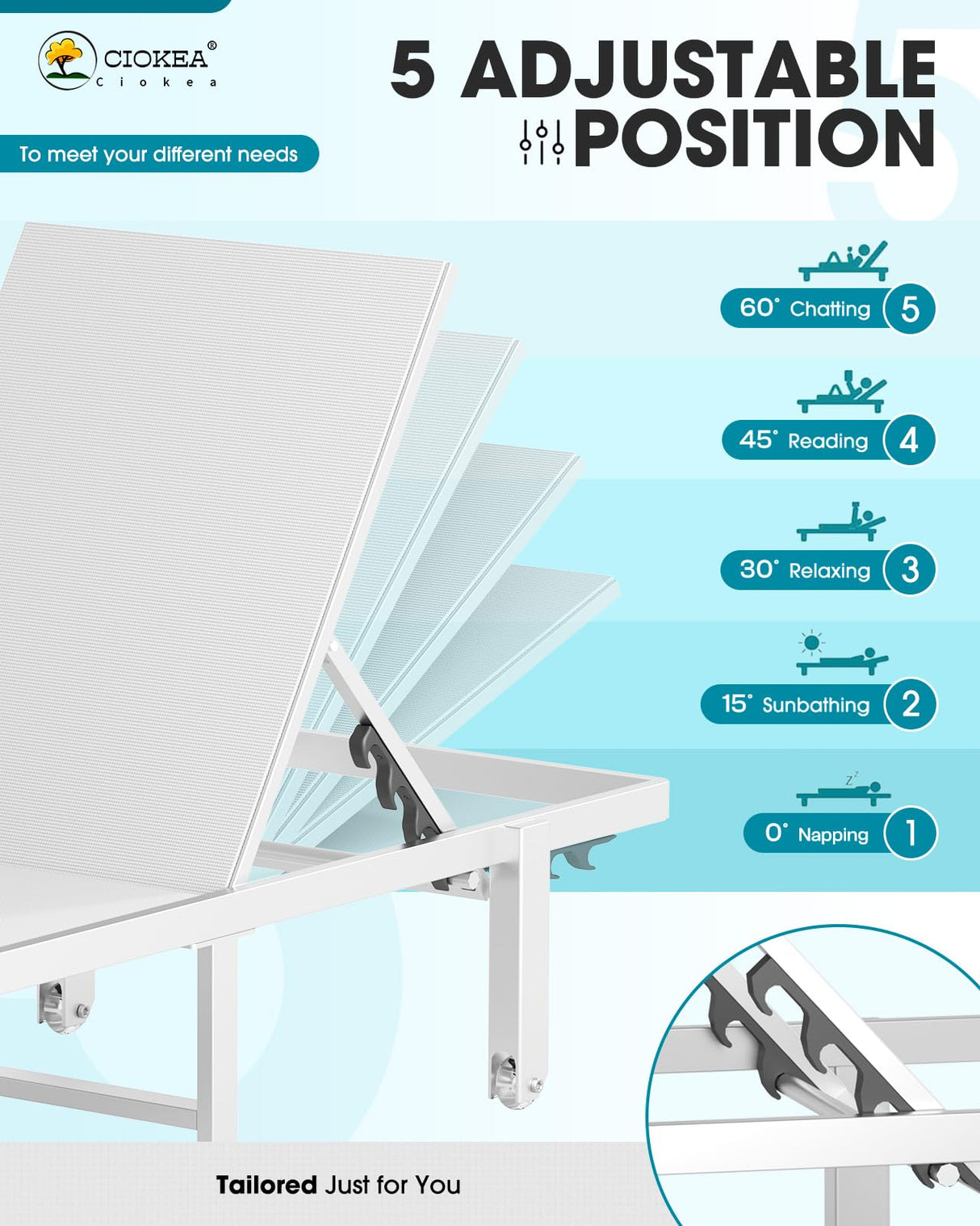 Aluminum Chaise Lounge Chair Outdoor with Wheels, Patio Lounge Chair with Adjustable 5-Position Recliner and Full Flat Tanning Chair for Patio, Beach, Pool, White Ciokea