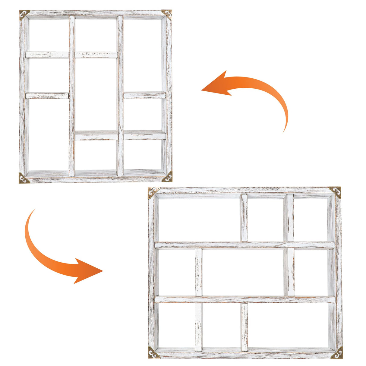 MITREL 17.7x15.7-Inch Shadow Box Display Shelf,6-Slot Rustic Floating Shelves,Larger Wood Trinket Shelf Freestanding Farmhouse Curio Shelf(6C-Rustic White) MITREL