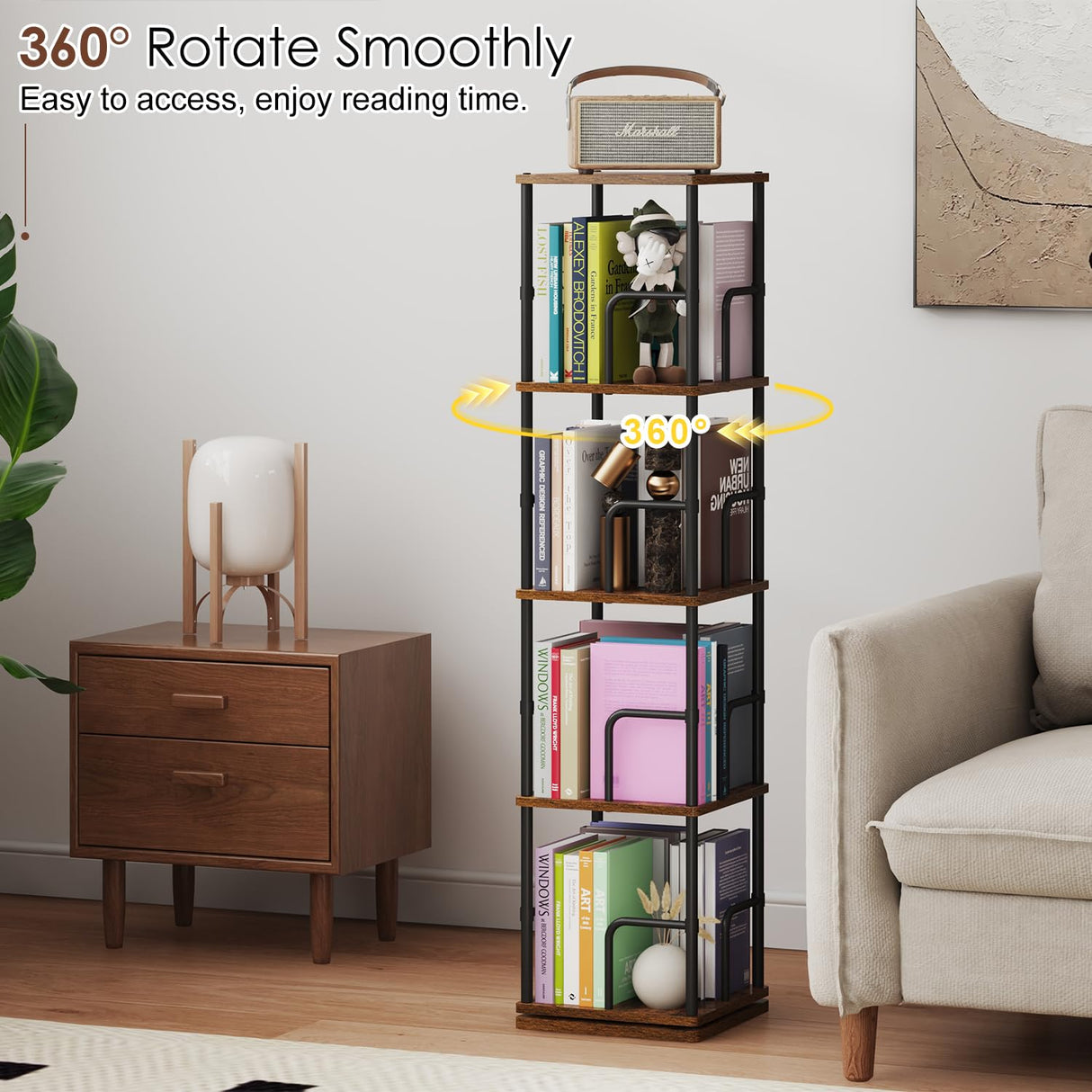 Rotating Book Shelf, 4 Tier Small Narrow Corner Bookshelf Bookcase For Small Spaces, Floor Standing Little Square Bookshelves Bookcases For Bedroom/Living Room, Sturdy, 120 Books Capacity,Retro Rustic Cidaziya