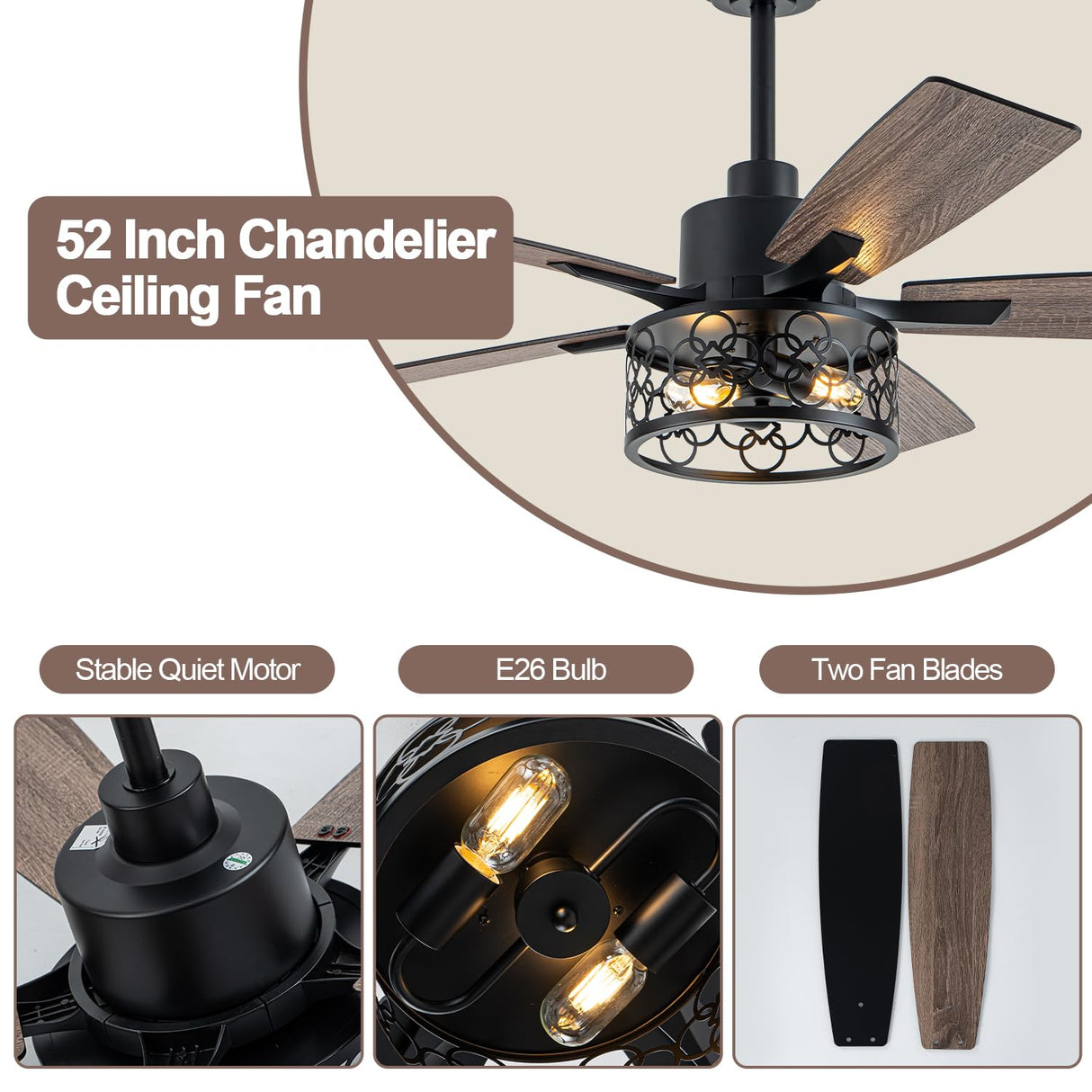 Curve Curio 52 Inch Farmhouse Ceiling Fan with Light Industrial Ceiling Fan Rustic Caged Chandelier Fan for Living Room Bedroom Patio (Black, 52 inch) Curve Curio