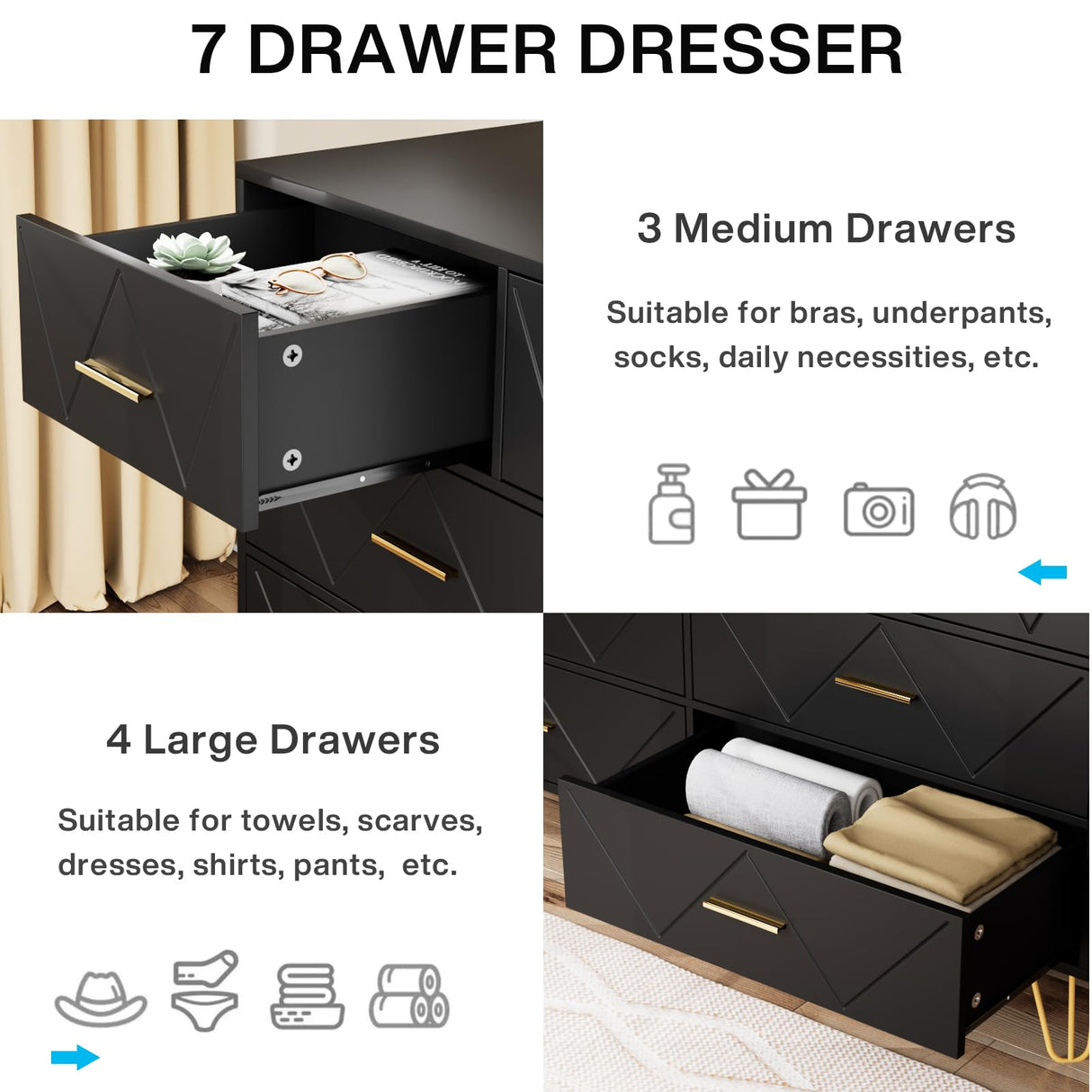 JOZZBY Dresser for Bedroom, 7 Drawer Black Wooden Dresser with Gold Handles, Modern Storage Dressers & Chests of Drawers for Hallway, Entryway JOZZBY
