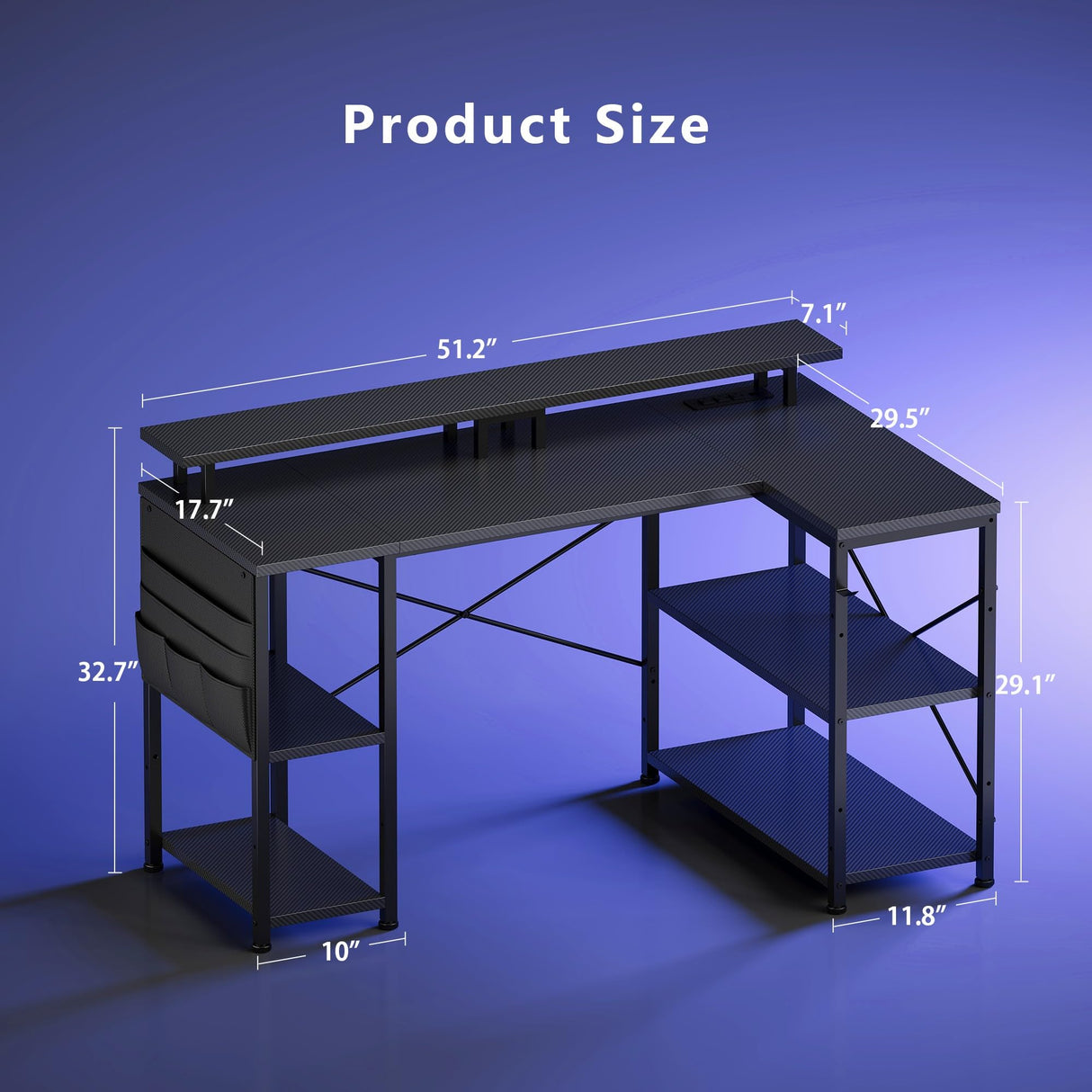 Maihail 51 inch L Shaped Desk with LED Lights & Power Outlets, Reversible Gaming Desk with Shelves & Monitor Stand, Computer Desk with Storage Side Bag,Corner Desk for for Bedroom Gaming Room, Black. Maihail