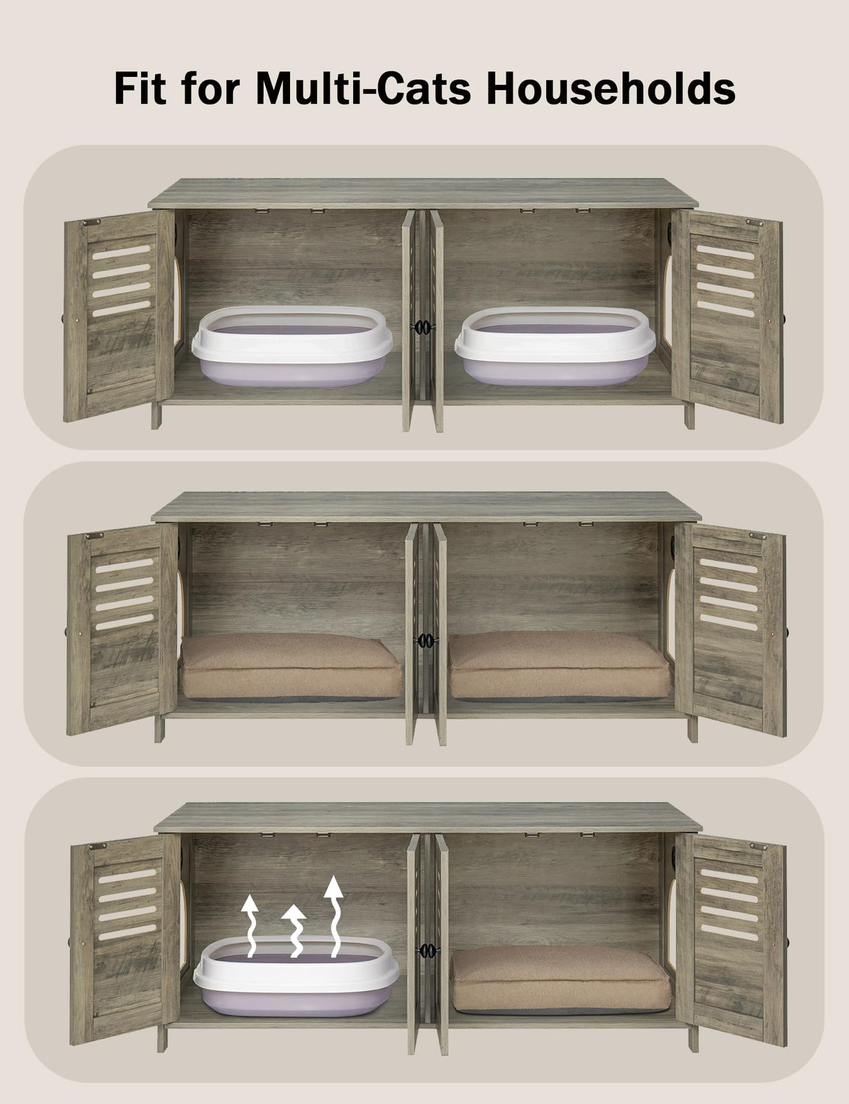 DINZI LVJ Litter Box Enclosure for 2 Cats, Hidden Litter Box Furniture with Double Rooms, Dual Cat Litter House, Front Doors, 47.2" Wooden Hidden Cat Washroom, Side End Table, TV Stand, Gray Wash DINZI LVJ