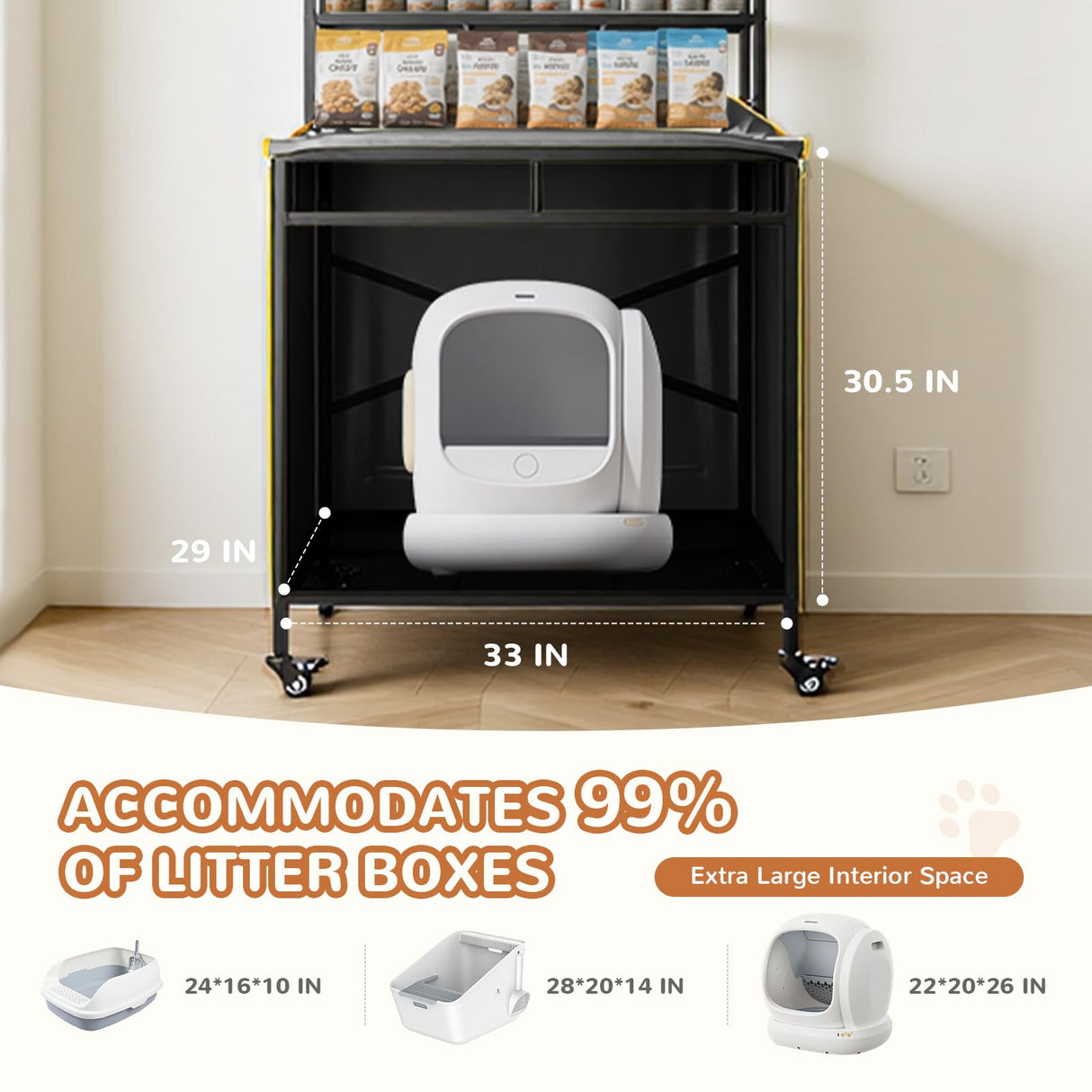 Lekereise Cat Litter Box Enclosure, Large Hidden Litter Box Furniture with Removable Waterproof Cover, Kitty Litter Box Furniture with 3-Tier Adjustable Shelves Storage and Wheels (70.87”H, Black) Lekereise