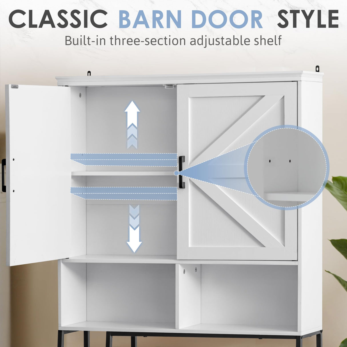 JUMMICO Over The Toilet Storage Cabinet, Bathroom Organizer with Adjustable Shelf, Toilet Organizer with 2 Barn Doors, Space Saver for Bathroom, Laundry, White JUMMICO