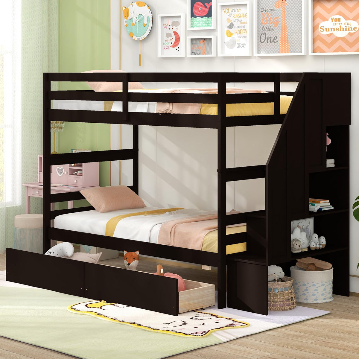 Giantex Bunk Bed Twin Over Twin with Storage Stairs & Drawers, Solid W ...