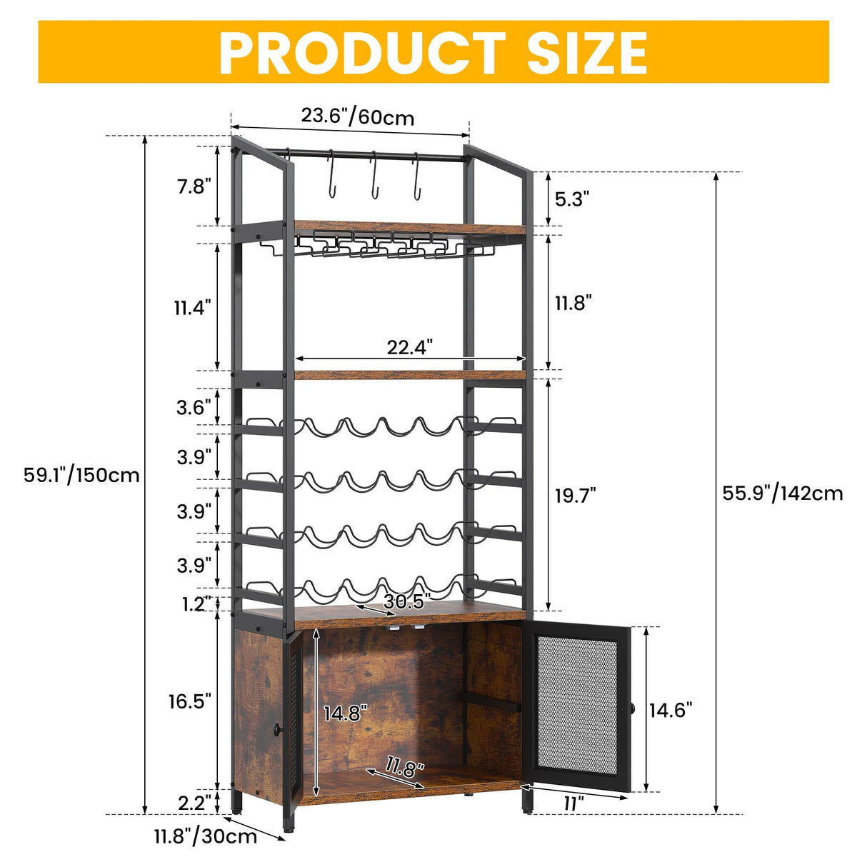 Bigbiglife Wine Rack Freestanding Floor with LED Lights, 4-Tier Industrial Wine Rack, Bar Cabinet for Liquor and Glasses, Wine Storage Cabinet for Living Room, Home Bar Bigbiglife