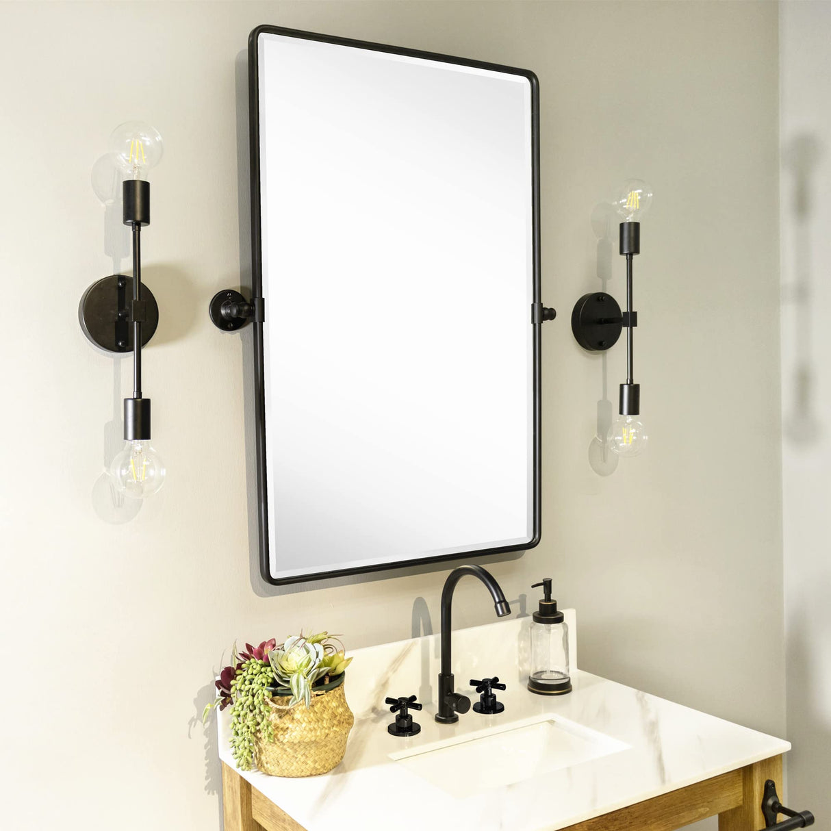 Farmhouse Pivot Rectangle Bathroom Mirror Black Metal Framed Tilting Beveled Vanity Mirrors for Wall 20x30'' TEHOME