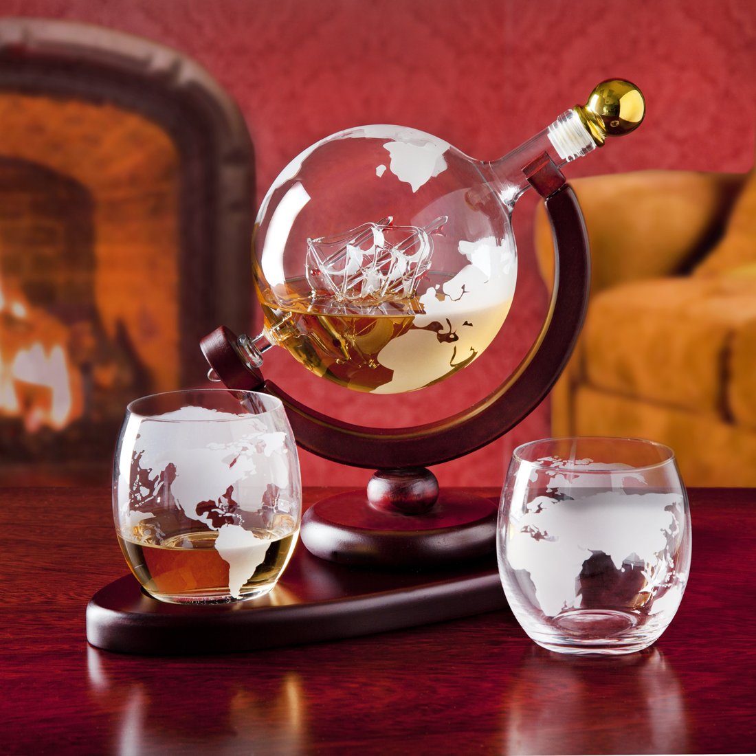 Whiskey Decanter Globe Set with 2 Etched Whiskey Glasses - for Liquor Scotch Bourbon Vodka, Gifts For Men - 850ml Godinger