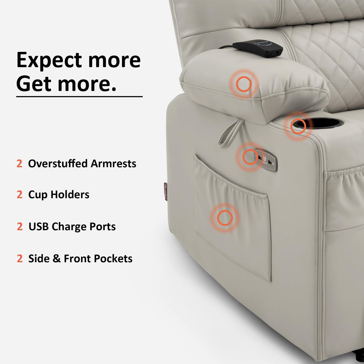 MCombo Power Recliner Chair with Heat and Vibration, Cup Holder, USB Port, Extended Footrest, Faux Leather Electric Reclining Sofa for Living Room PR621 (Light Grey) MCombo