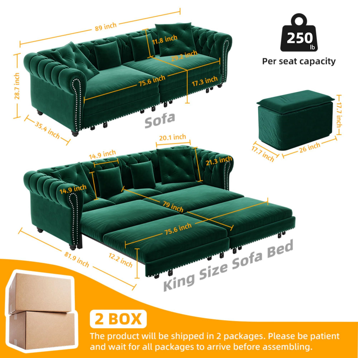 89" Velvet Pull Out Couch Bed - 3-in-1 Convertible Sleeper Sofa with Ottoman, Button Tufted Chesterfield Sofa, King Size Pull Out Sofa Bed, Space Saving for Small Spaces Apartments, Living Room,Green Justdwells