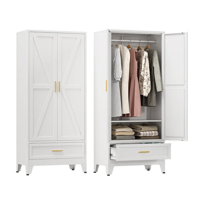 YAUWOH Farmhouse Wardrobe Cabinet with One Drawers,Metal Wardrobe Closet with Hanging Rod,Metal Armoire with Adjustable Shelves for Bedroom,Cloak Room,Office (White)