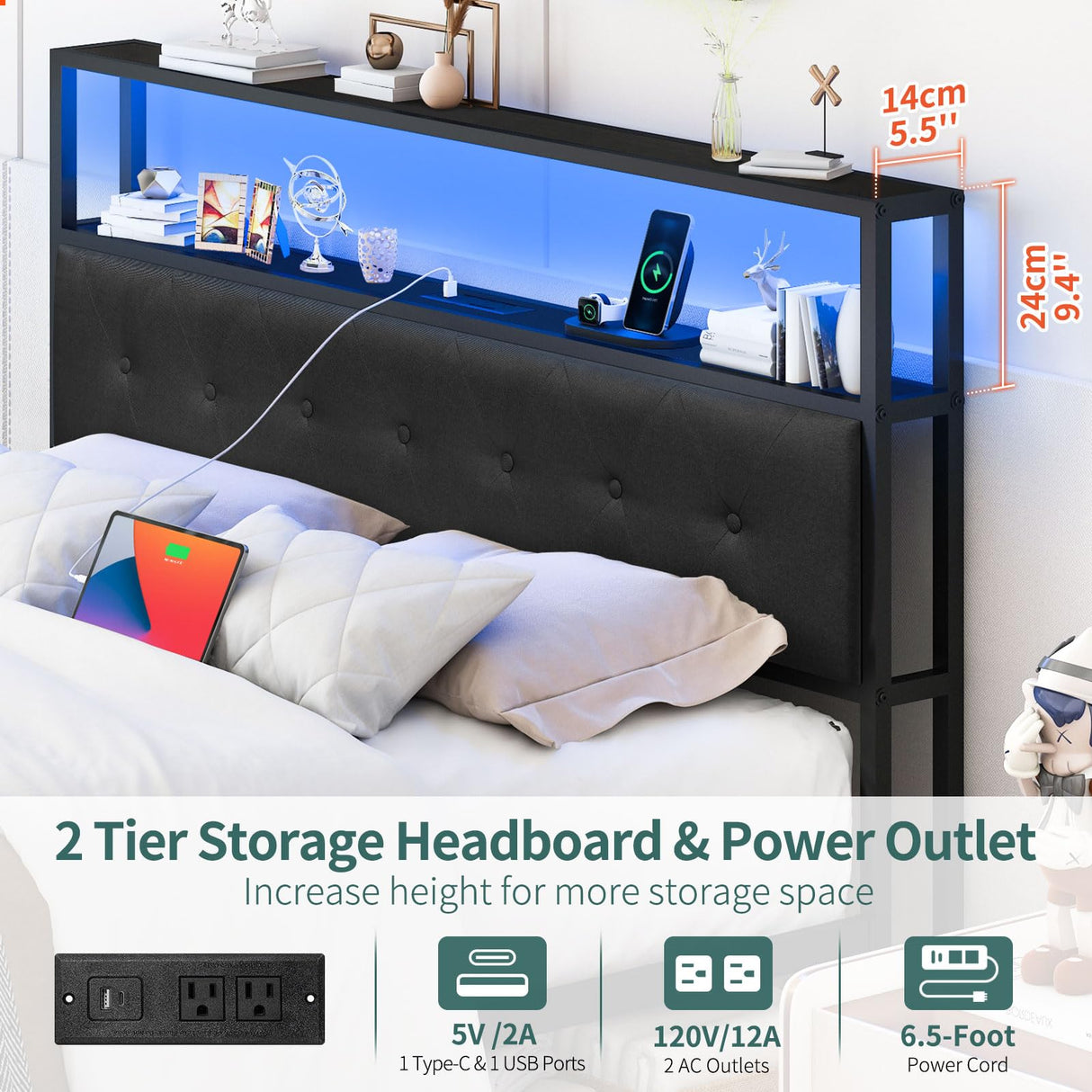 Yoobure Black Queen Bed Frame with Headboard, LED Lights & Charging Station, Storage Drawers, No Box Spring Required Yoobure