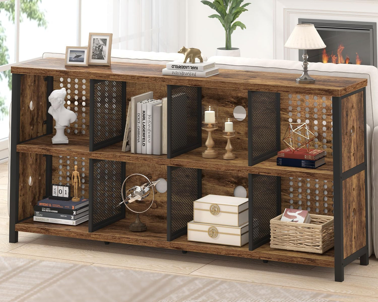 LVB Rustic Horizontal Bookshelf, Industrial Bookcase Cube Storage Organizer, Wide Large Metal Wooden Office Cube Shelf, Farmhouse Low Long Book Shelf for Home Bedroom Living Room, Rustic Brown, 63 in LVB