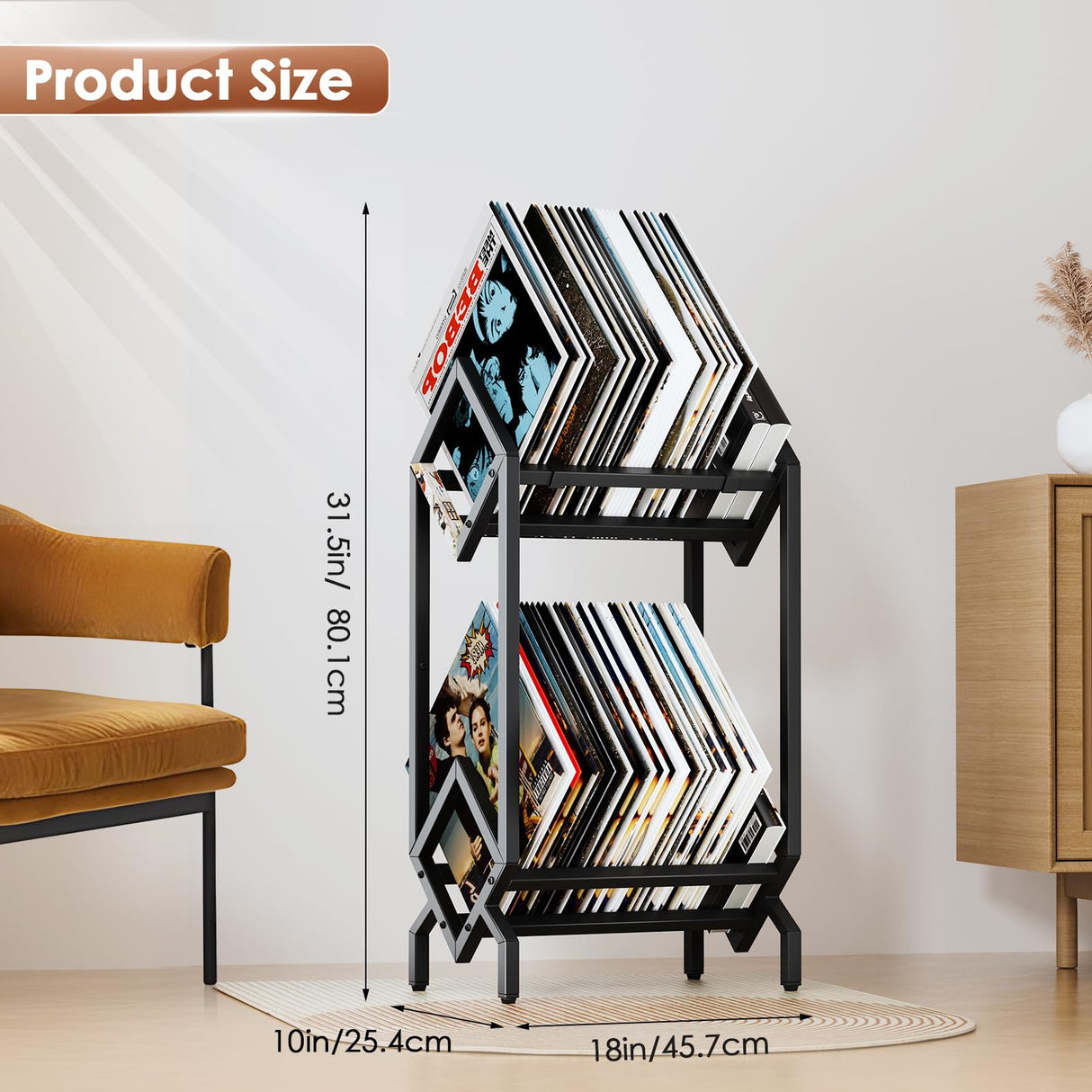 BOEASTER Vinyl Record Storage Rack, Record Holder 160-200 LP Storage Shelf Display Stand for Albums Books Magazines Files, Matte Black BOEASTER