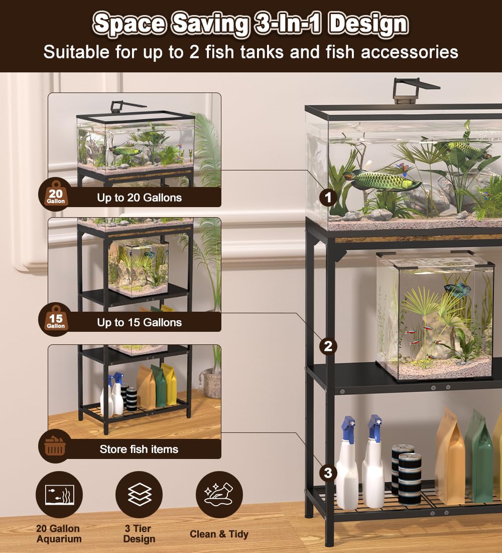 AnBaiMei 20 Gallon Aquarium Stand, Metal Fish Tank Stand with Adjustable 3-Tier Storage Shelf, Heavy Duty Reptile Breeder Turtle Tank Terrarium Rack Table for Home Office, 24" L x 12" W x 32.2" H, Black AnBaiMei
