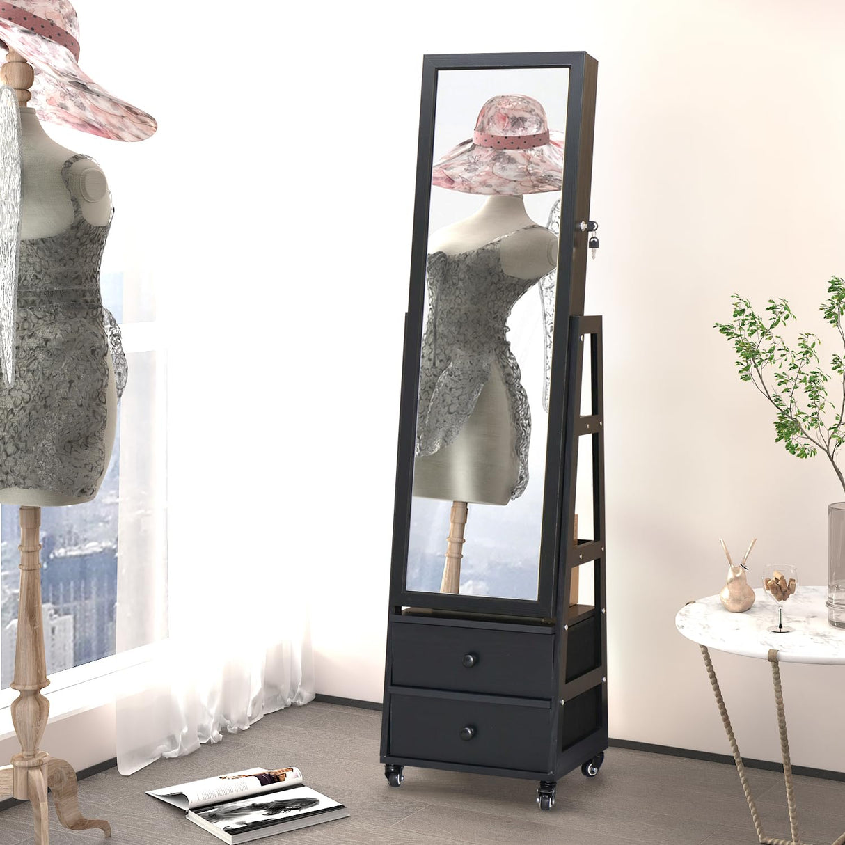 MASMIRE Jewelry Cabinet with Mirror,Full Length Mirror Large Capacity Jewelry Organizer Armoire,Floor Standing Mirror with Back Storage Shelves for Bedroom Black MASMIRE