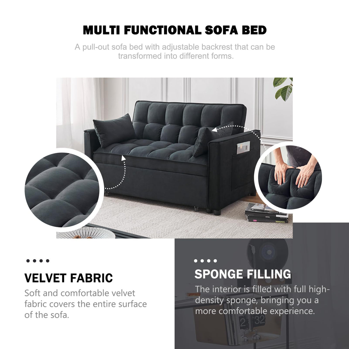 ECHINGLE Sleeper Sofa Bed, 3-in-1 Velvet Pull Out Couch with Armrests, Storage Pockets and 2 Pillows, Adjustable Backrest, Sofa Bed Couch for Living Room, Bedroom(Black) ECHINGLE