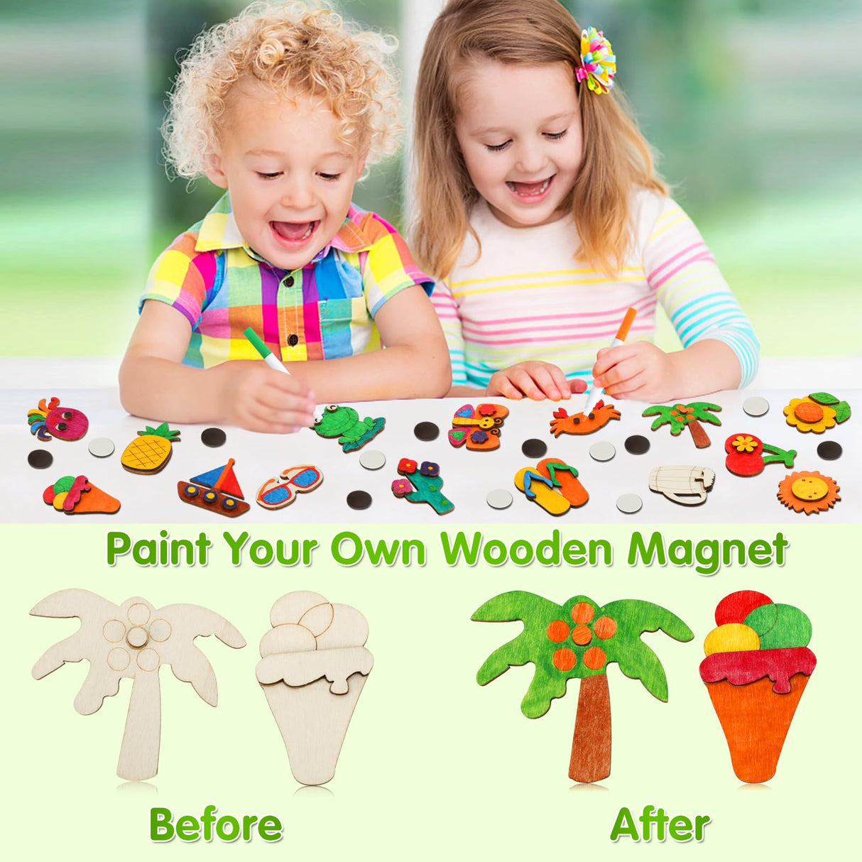 Worgree Summer Crafts for Kids, 36 Pcs DIY Wooden Magnets Art Craft Supplies Painting Kit for Boys Girls Ages 4-8 8-12 Birthday Party Gifts Summer Activities School Classroom Prizes Worgree