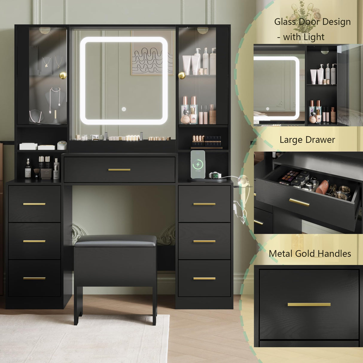 BORNOON Makeup Vanity with LARGE Lighted Mirror and Chair, 7 Drawers Vanity Makeup Desk Table with Power Strip, Adjustable Lighting, and Cushioned Storage Stool for Women, Girls, Teens, and Home Decor BORNOON