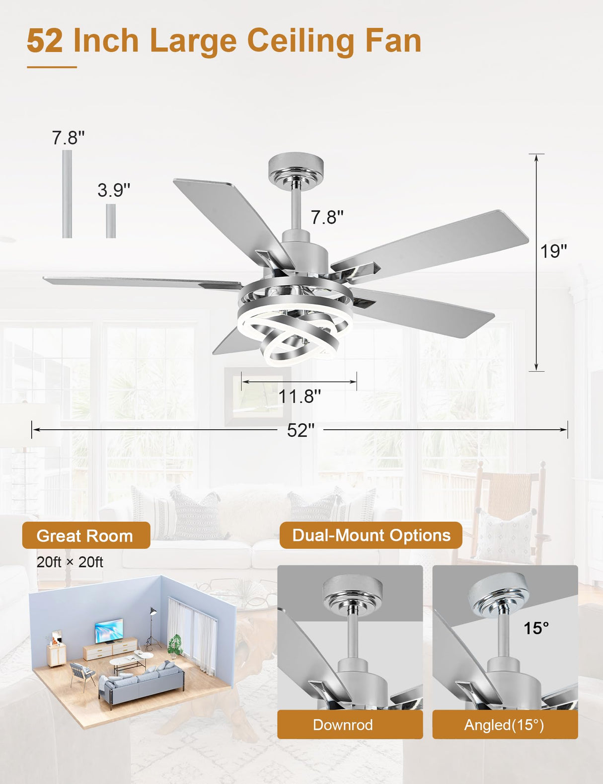 Curve Curio 52" Ceilling Fan with Light Chandelier Fan Modern DC Motor Dimmable Led Fandelier Ceiling Fan with Light for Bedroom, Living Room Curve Curio